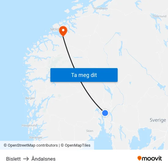 Bislett to Åndalsnes map