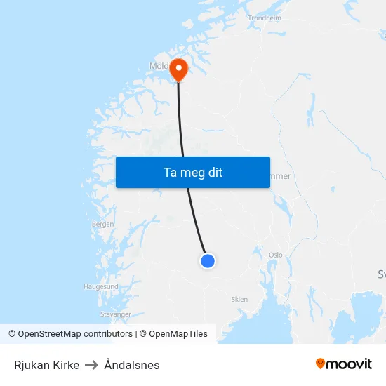 Rjukan Kirke to Åndalsnes map