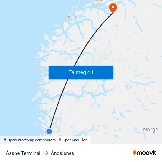 Åsane Terminal to Åndalsnes map