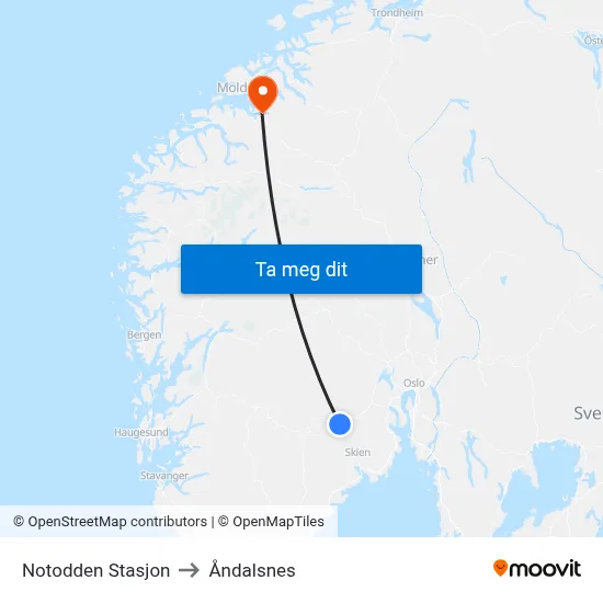 Notodden Stasjon to Åndalsnes map