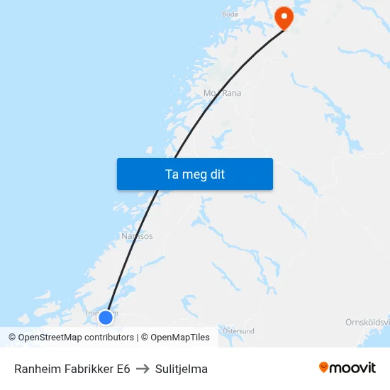Ranheim Fabrikker E6 to Sulitjelma map
