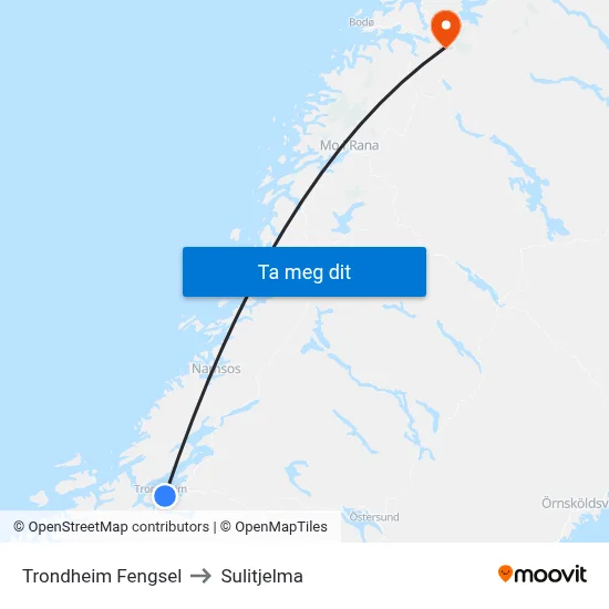 Trondheim Fengsel to Sulitjelma map