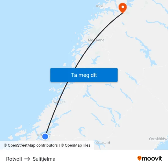 Rotvoll to Sulitjelma map