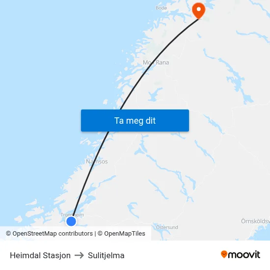 Heimdal Stasjon to Sulitjelma map