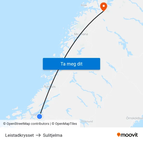Leistadkrysset to Sulitjelma map