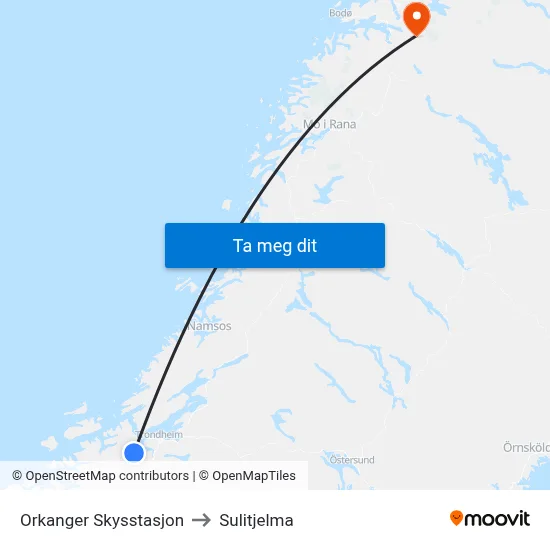 Orkanger Skysstasjon to Sulitjelma map