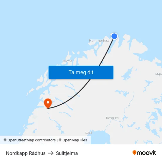 Nordkapp Rådhus to Sulitjelma map