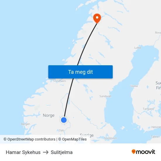 Hamar Sykehus to Sulitjelma map