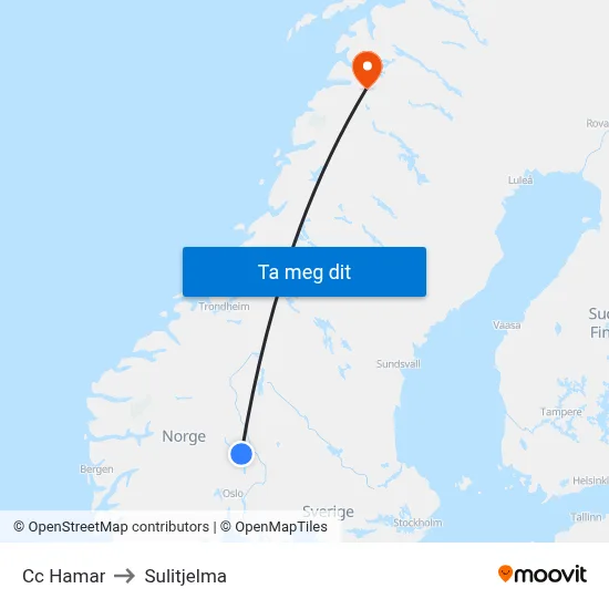 Cc Hamar to Sulitjelma map