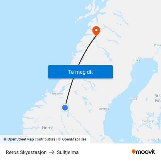 Røros Skysstasjon to Sulitjelma map