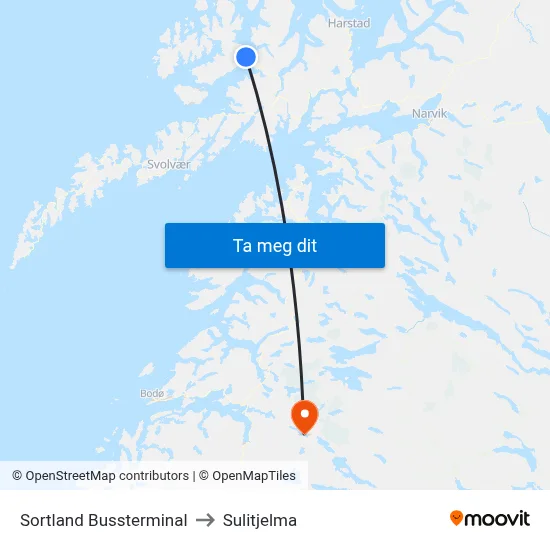 Sortland Bussterminal to Sulitjelma map