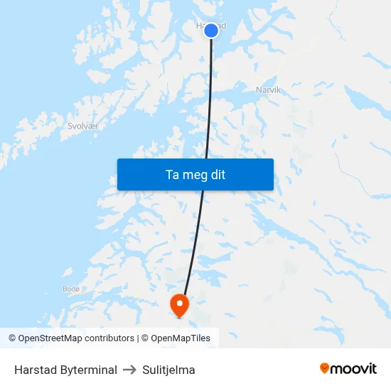 Harstad Byterminal to Sulitjelma map