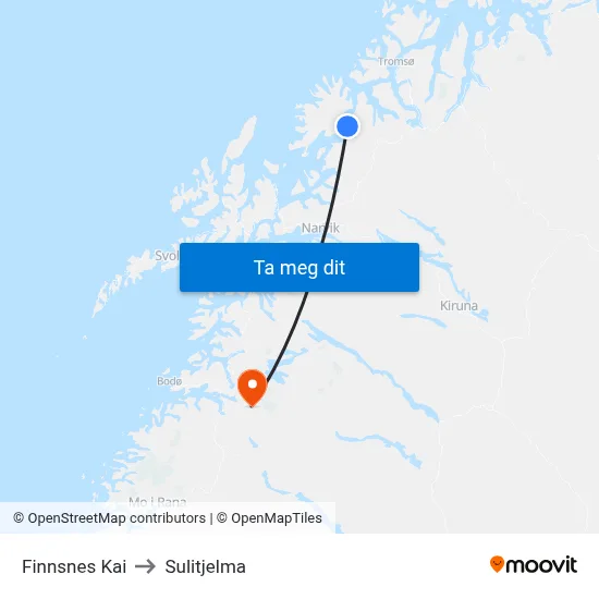 Finnsnes Kai to Sulitjelma map