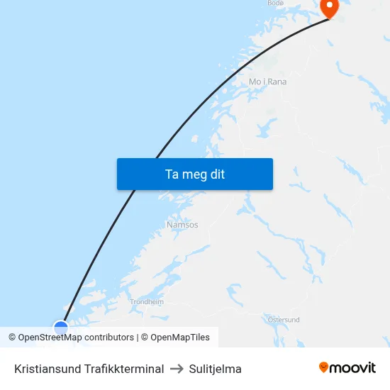 Kristiansund Trafikkterminal to Sulitjelma map