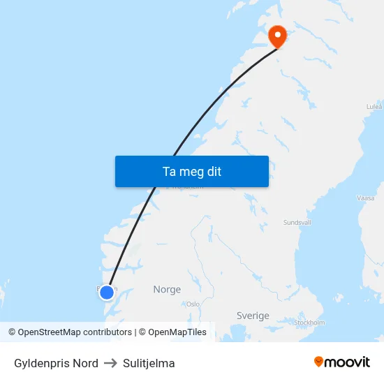 Gyldenpris Nord to Sulitjelma map