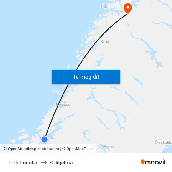 Flakk Ferjekai to Sulitjelma map