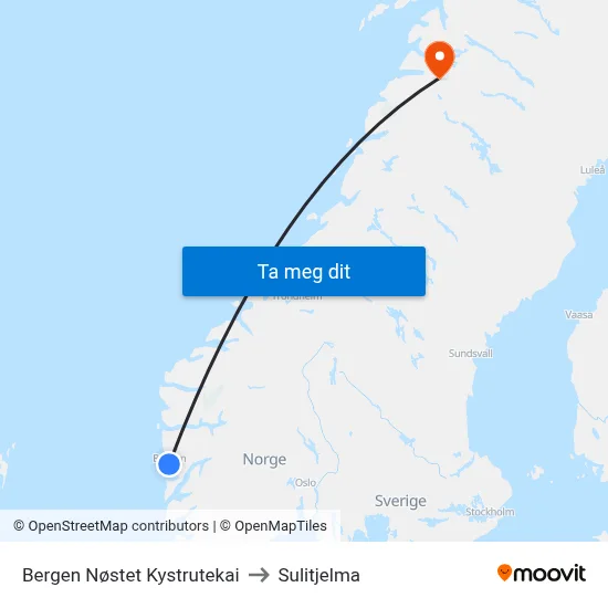 Bergen Nøstet Kystrutekai to Sulitjelma map