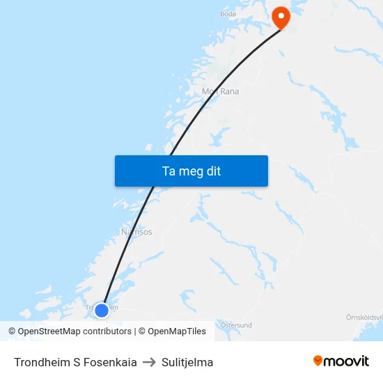 Trondheim S Fosenkaia to Sulitjelma map
