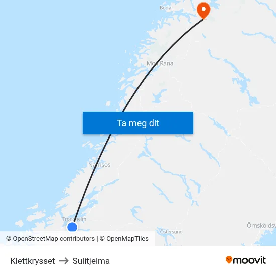 Klettkrysset to Sulitjelma map