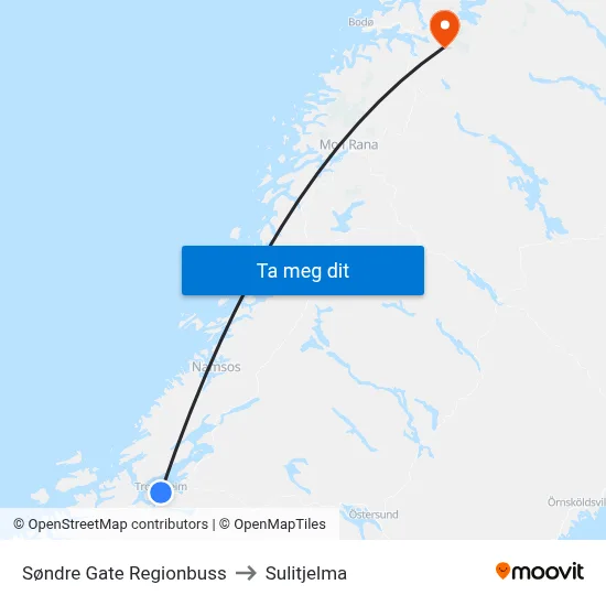 Søndre Gate Regionbuss to Sulitjelma map