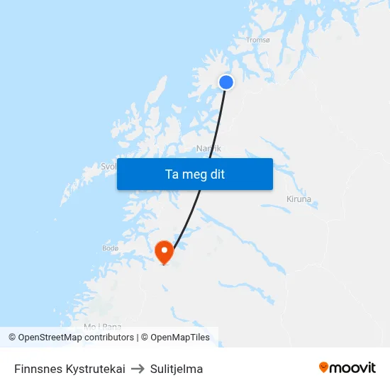 Finnsnes Kystrutekai to Sulitjelma map
