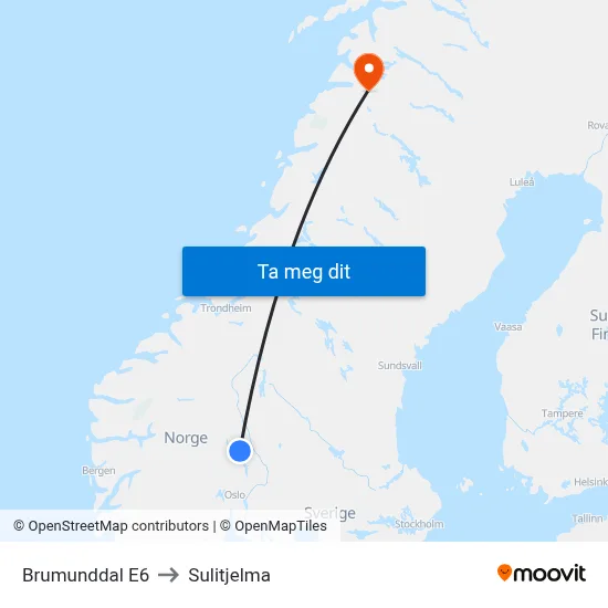 Brumunddal E6 to Sulitjelma map