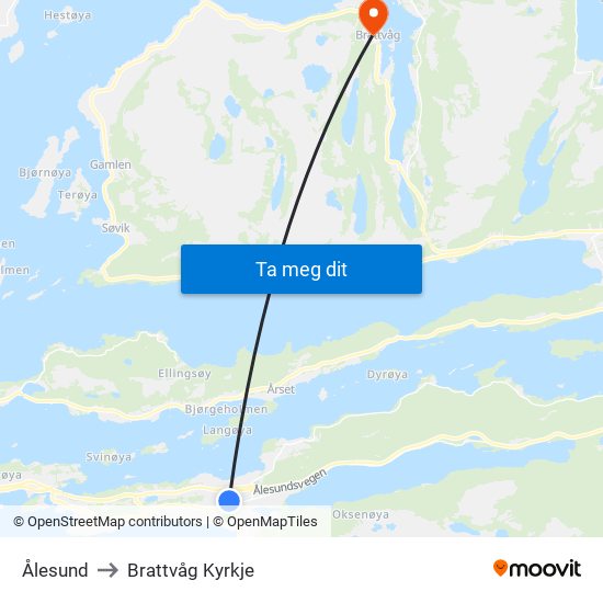Ålesund to Brattvåg Kyrkje map