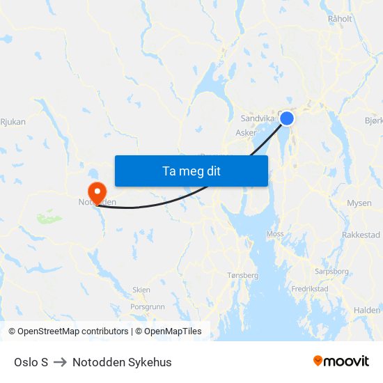 Oslo S to Notodden Sykehus map
