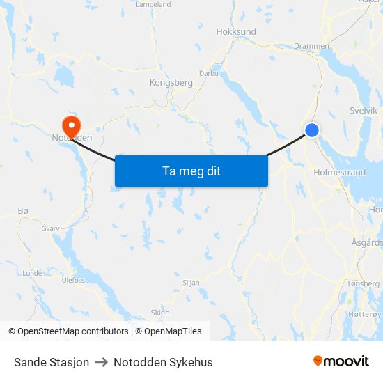 Sande Stasjon to Notodden Sykehus map