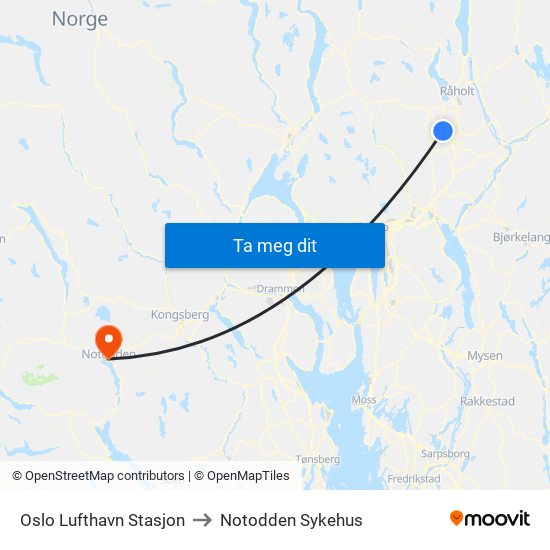 Oslo Lufthavn Stasjon to Notodden Sykehus map