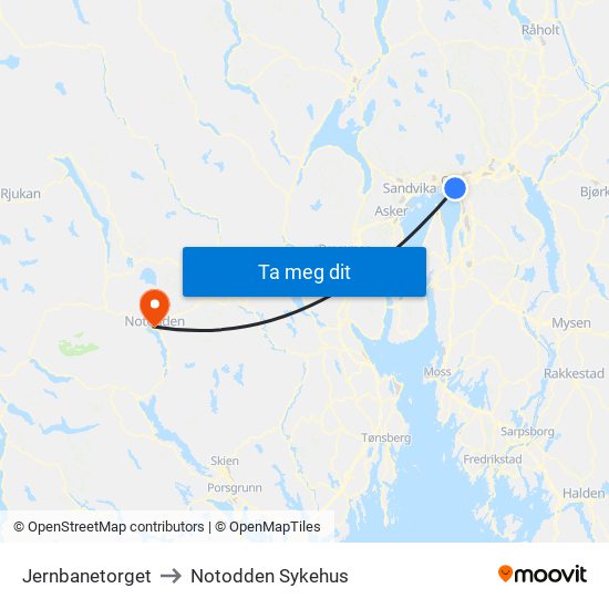 Jernbanetorget to Notodden Sykehus map