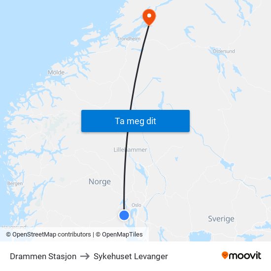 Drammen Stasjon to Sykehuset Levanger map