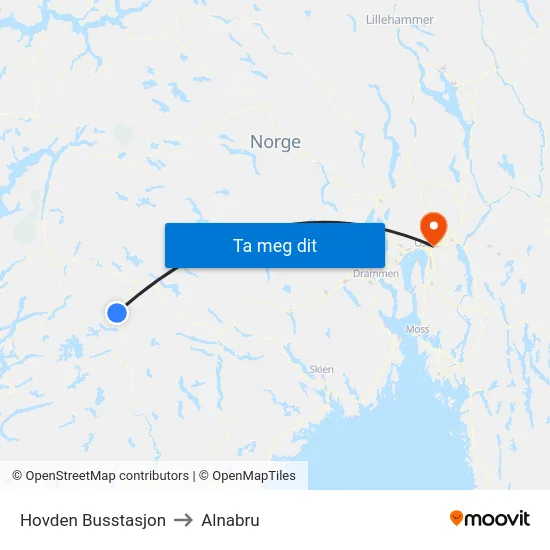 Hovden Busstasjon to Alnabru map