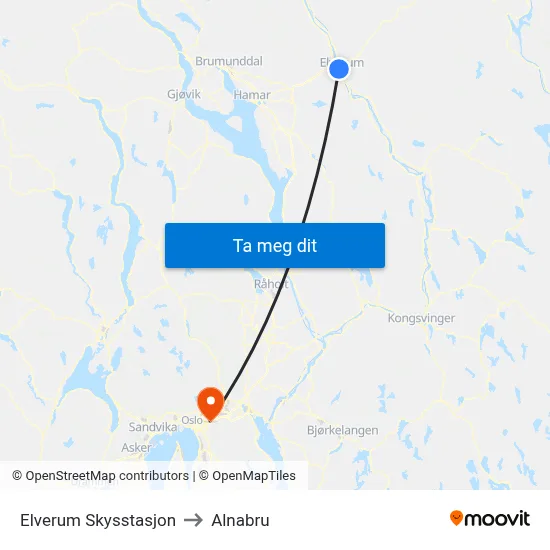 Elverum Skysstasjon to Alnabru map