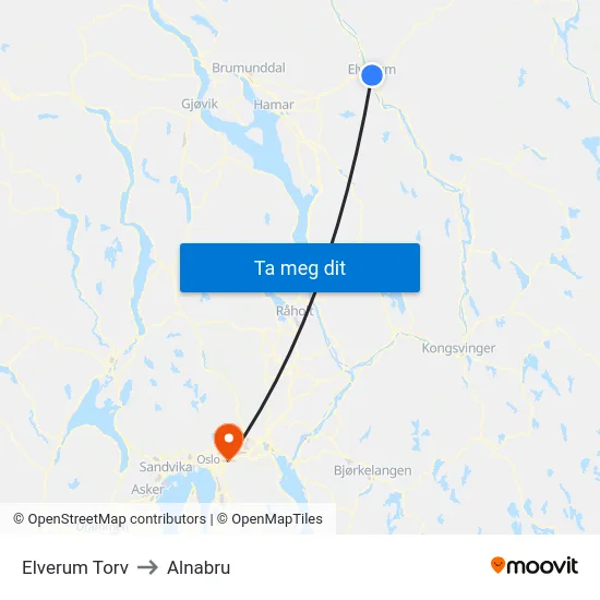 Elverum Torv to Alnabru map