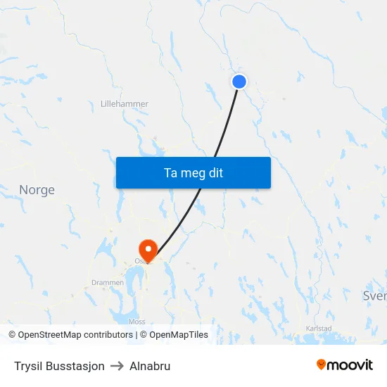 Trysil Busstasjon to Alnabru map