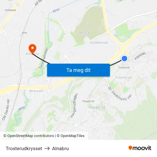 Trosterudkrysset to Alnabru map