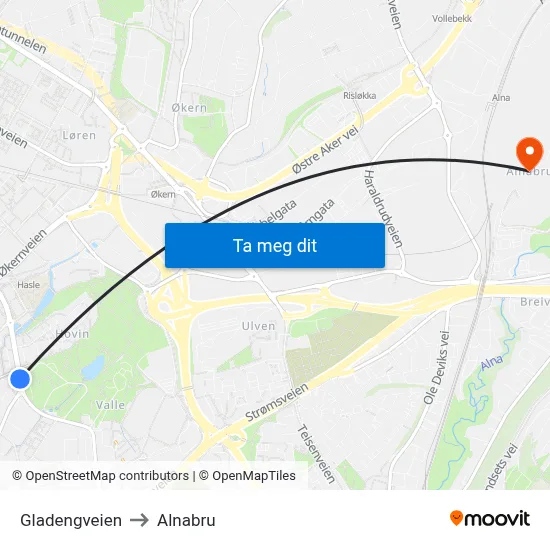 Gladengveien to Alnabru map