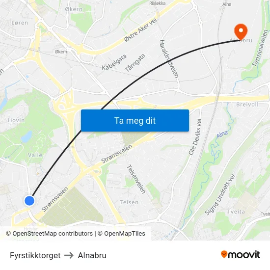 Fyrstikktorget to Alnabru map