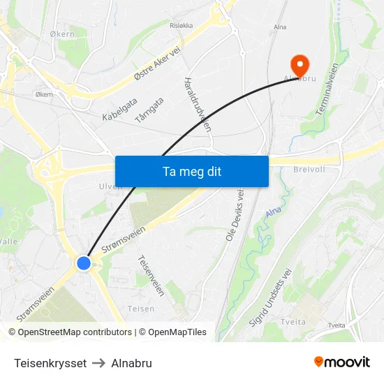 Teisenkrysset to Alnabru map