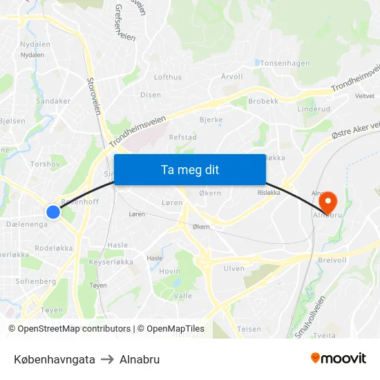 Københavngata to Alnabru map