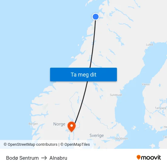 Bodø Sentrum to Alnabru map