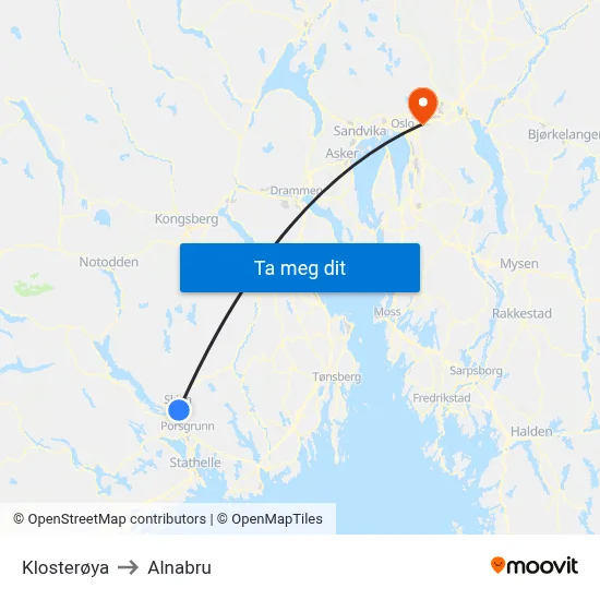 Klosterøya to Alnabru map