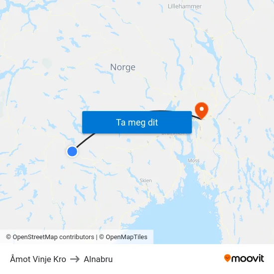 Åmot Vinje Kro to Alnabru map