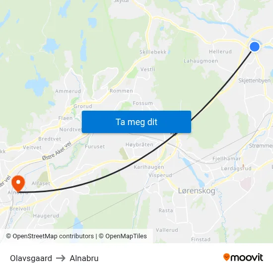 Olavsgaard to Alnabru map
