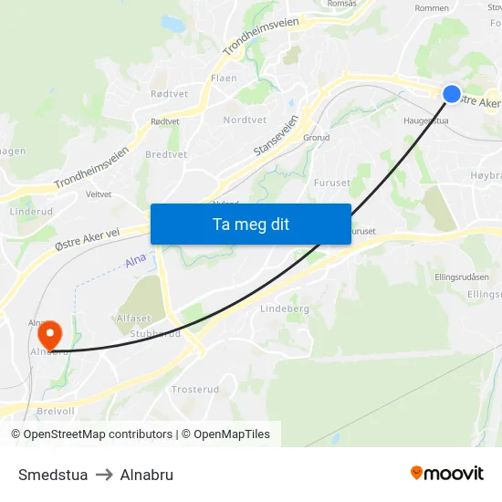 Smedstua to Alnabru map