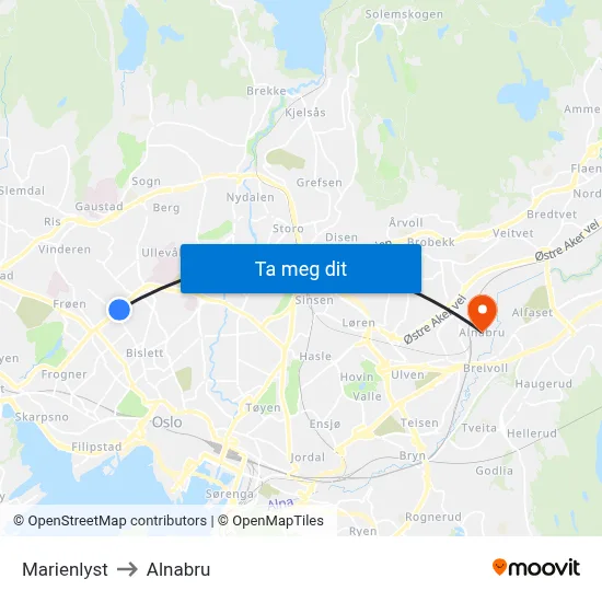 Marienlyst to Alnabru map