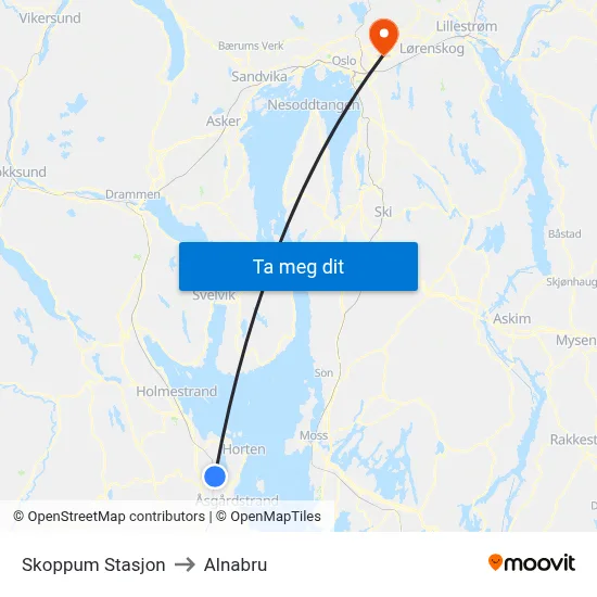 Skoppum Stasjon to Alnabru map