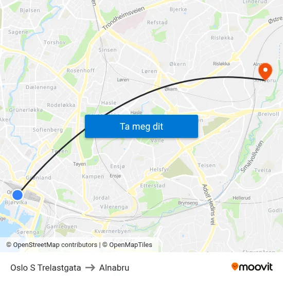 Oslo S Trelastgata to Alnabru map