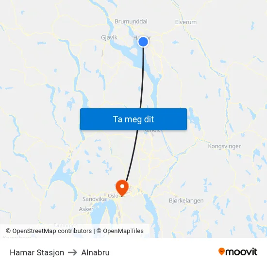 Hamar Stasjon to Alnabru map